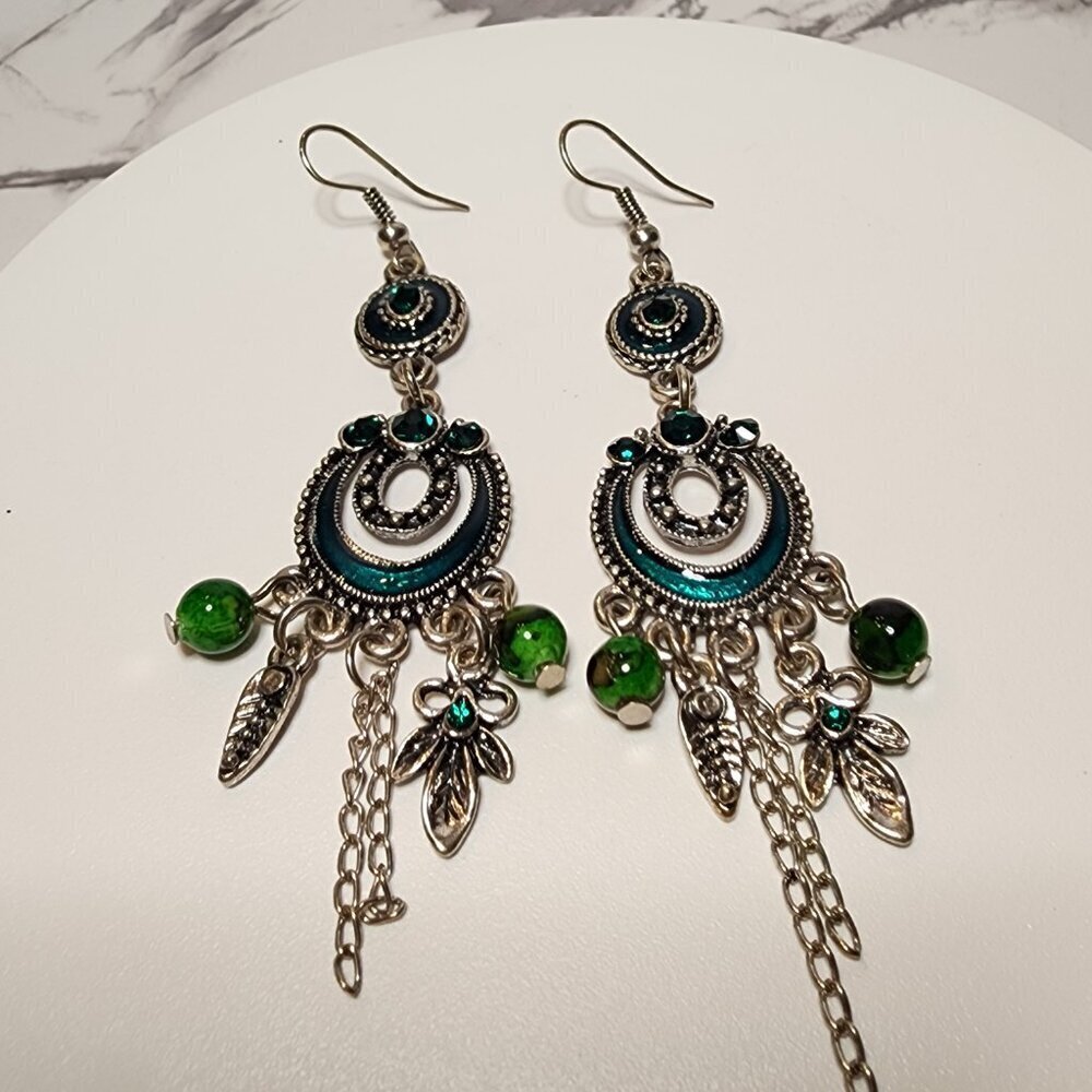 Fashion Green Rhinestone Long Dangle Earrings - Picture 4 of 6